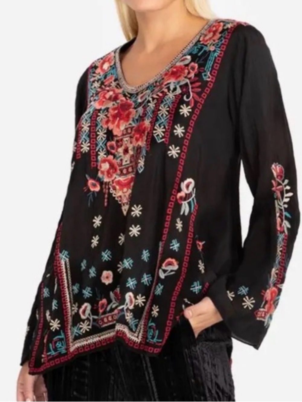 Johnny Was Black Floral Embroidered V-Neck Blouse